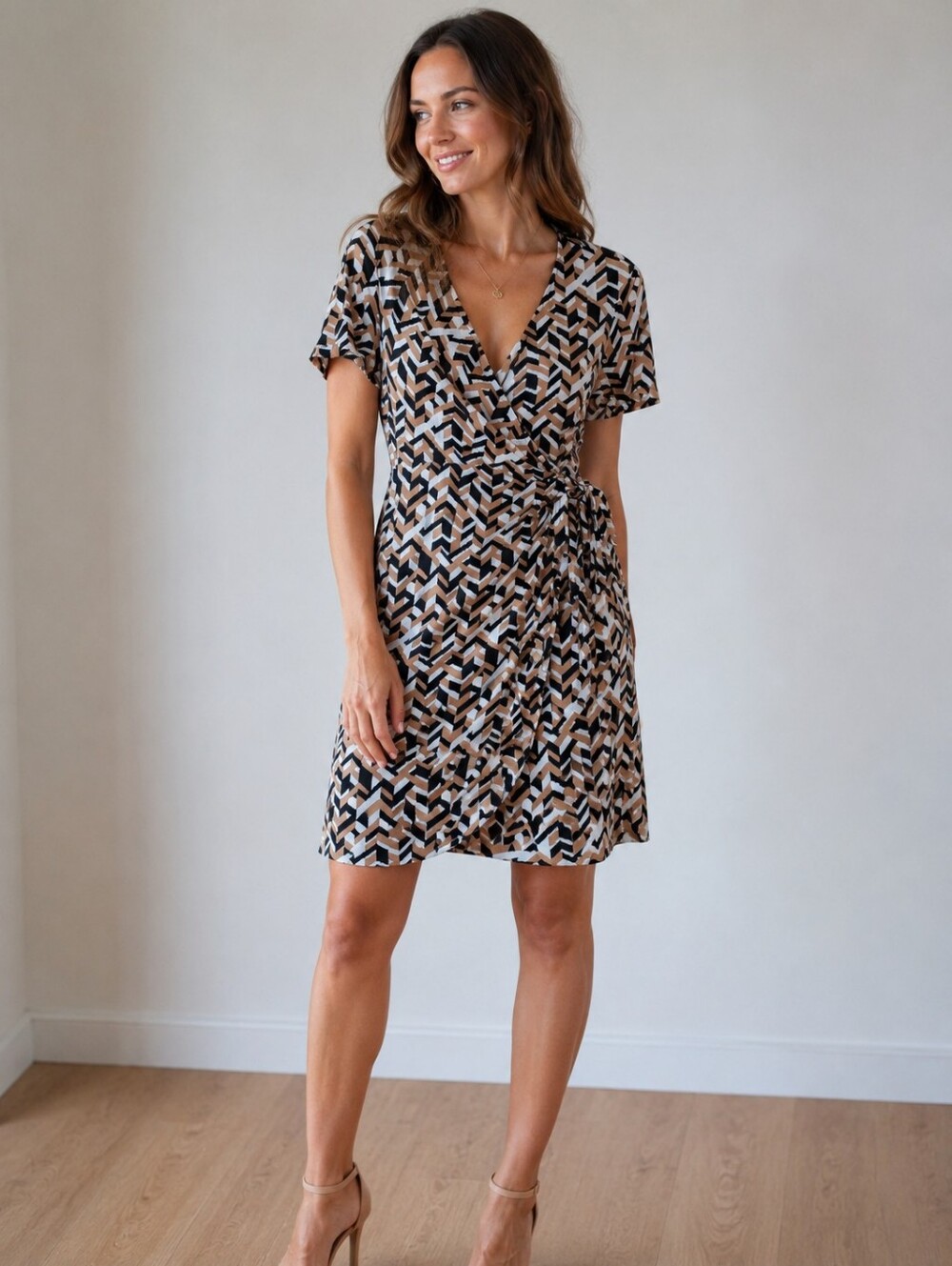 Anne Klein Black & Tan Geometric Faux Wrap Midi Dress Size 8